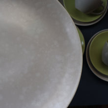 Load image into Gallery viewer, Selection of 1950s Poole Twintone Tablewares LIME GREEN AND SEAGULL. Four Trios, Large Side Plate &amp; Milk and Sugar Jug

