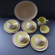 Load image into Gallery viewer, Selection of 1950s Poole Twintone Tablewares LIME GREEN AND SEAGULL. Four Trios, Large Side Plate &amp; Milk and Sugar Jug

