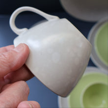 Load image into Gallery viewer, Selection of 1950s Poole Twintone Tablewares LIME GREEN AND SEAGULL. Four Trios, Large Side Plate &amp; Milk and Sugar Jug
