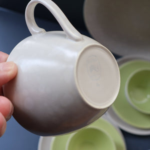 Selection of 1950s Poole Twintone Tablewares LIME GREEN AND SEAGULL. Four Trios, Large Side Plate & Milk and Sugar Jug