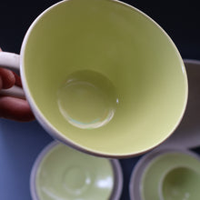 Load image into Gallery viewer, Selection of 1950s Poole Twintone Tablewares LIME GREEN AND SEAGULL. Four Trios, Large Side Plate &amp; Milk and Sugar Jug
