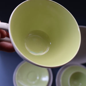 Selection of 1950s Poole Twintone Tablewares LIME GREEN AND SEAGULL. Four Trios, Large Side Plate & Milk and Sugar Jug