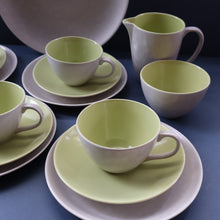 Load image into Gallery viewer, Selection of 1950s Poole Twintone Tablewares LIME GREEN AND SEAGULL. Four Trios, Large Side Plate &amp; Milk and Sugar Jug
