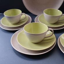 Load image into Gallery viewer, Selection of 1950s Poole Twintone Tablewares LIME GREEN AND SEAGULL. Four Trios, Large Side Plate &amp; Milk and Sugar Jug
