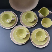 Load image into Gallery viewer, Selection of 1950s Poole Twintone Tablewares LIME GREEN AND SEAGULL. Four Trios, Large Side Plate &amp; Milk and Sugar Jug
