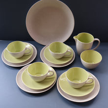 Load image into Gallery viewer, Selection of 1950s Poole Twintone Tablewares LIME GREEN AND SEAGULL. Four Trios, Large Side Plate &amp; Milk and Sugar Jug
