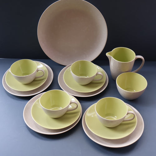 Selection of 1950s Poole Twintone Tablewares LIME GREEN AND SEAGULL. Four Trios, Large Side Plate & Milk and Sugar Jug