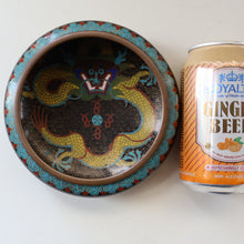 Load image into Gallery viewer, SMALLER Antique Chinese Cloisonne Shallow Bowl with Five-Toed Dragon and Flaming Pearl. 5 1/2 inches
