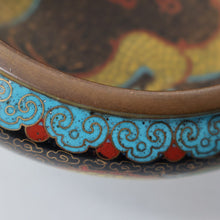 Load image into Gallery viewer, SMALLER Antique Chinese Cloisonne Shallow Bowl with Five-Toed Dragon and Flaming Pearl. 5 1/2 inches
