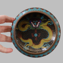 Load image into Gallery viewer, SMALLER Antique Chinese Cloisonne Shallow Bowl with Five-Toed Dragon and Flaming Pearl. 5 1/2 inches
