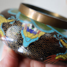 Load image into Gallery viewer, SMALLER Antique Chinese Cloisonne Shallow Bowl with Five-Toed Dragon and Flaming Pearl. 5 1/2 inches
