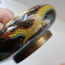 Load image into Gallery viewer, SMALLER Antique Chinese Cloisonne Shallow Bowl with Five-Toed Dragon and Flaming Pearl. 5 1/2 inches
