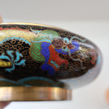 Load image into Gallery viewer, SMALLER Antique Chinese Cloisonne Shallow Bowl with Five-Toed Dragon and Flaming Pearl. 5 1/2 inches
