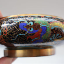 Load image into Gallery viewer, SMALLER Antique Chinese Cloisonne Shallow Bowl with Five-Toed Dragon and Flaming Pearl. 5 1/2 inches
