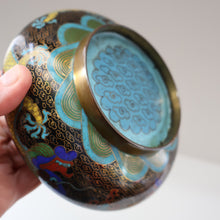Load image into Gallery viewer, SMALLER Antique Chinese Cloisonne Shallow Bowl with Five-Toed Dragon and Flaming Pearl. 5 1/2 inches

