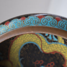 Load image into Gallery viewer, SMALLER Antique Chinese Cloisonne Shallow Bowl with Five-Toed Dragon and Flaming Pearl. 5 1/2 inches
