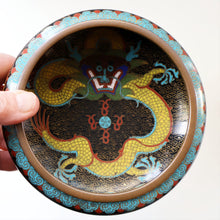 Load image into Gallery viewer, SMALLER Antique Chinese Cloisonne Shallow Bowl with Five-Toed Dragon and Flaming Pearl. 5 1/2 inches
