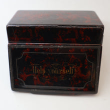 Load image into Gallery viewer, Papier Mâché Snuff Box with Faux Red &amp; Black Marblished Finish. Inscribed in gold: HELP YOURSELF
