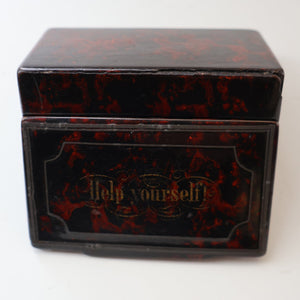 Papier Mâché Snuff Box with Faux Red & Black Marblished Finish. Inscribed in gold: HELP YOURSELF