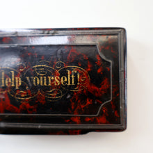 Load image into Gallery viewer, Papier Mâché Snuff Box with Faux Red &amp; Black Marblished Finish. Inscribed in gold: HELP YOURSELF
