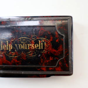 Papier Mâché Snuff Box with Faux Red & Black Marblished Finish. Inscribed in gold: HELP YOURSELF