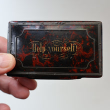Load image into Gallery viewer, Papier Mâché Snuff Box with Faux Red &amp; Black Marblished Finish. Inscribed in gold: HELP YOURSELF
