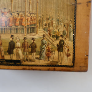 THE BANDSTAND. Antique 19th Century MAUCHLINE Trinket Box. Scottish International Exhibition Edinburgh 1886