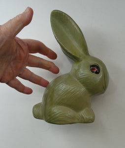 LARGE Vintage 1940s SYLVAC STYLE Olive Green Snub Nose Bunny Rabbit. 7 3/4 inches