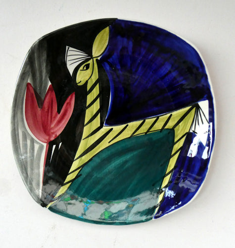 1950s Stavangerflint Plate with Zebra and Tulip by Inger Waage