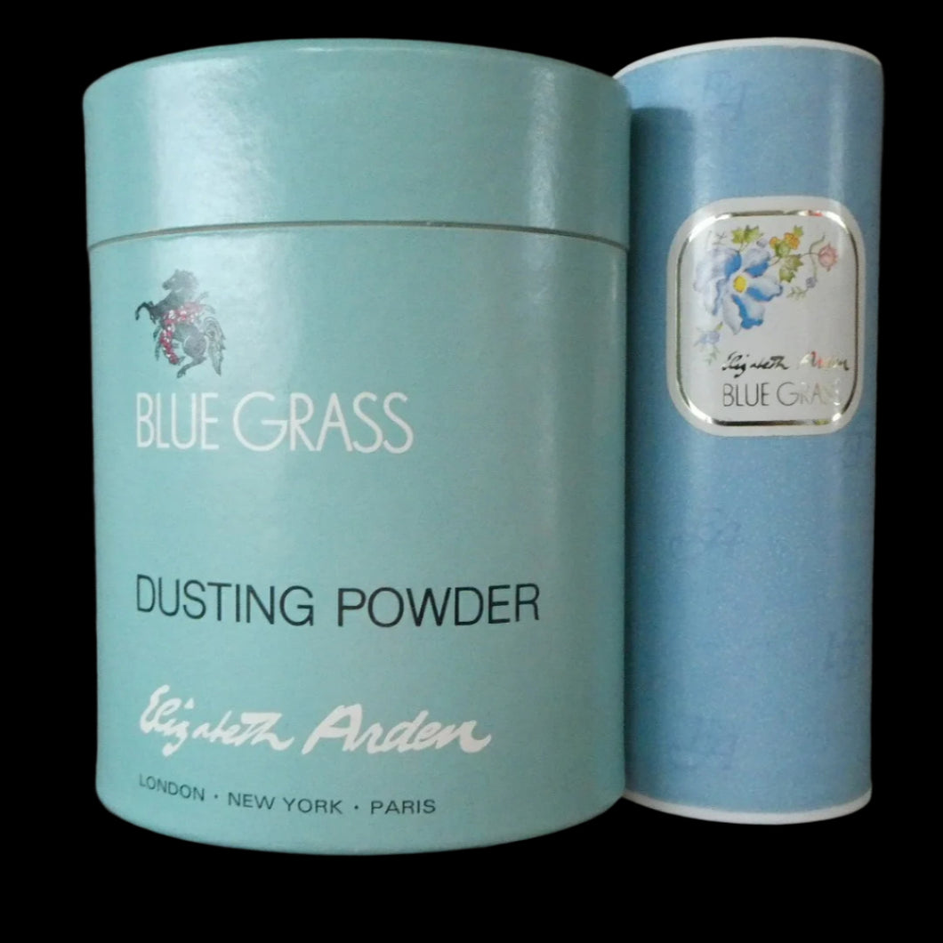 Two Cardboard Boxes of Vintage ELIZABETH ARDEN Blue Grass Talcum Powder