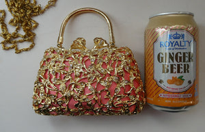 Vintage GOLD Minaudierie Bag or Purse; with Gold Casing Embellished with Diamante & Pink Fabric