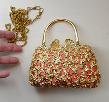 Load image into Gallery viewer, Vintage GOLD Minaudierie Bag or Purse; with Gold Casing Embellished with Diamante &amp; Pink Fabric
