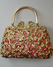 Load image into Gallery viewer, Vintage GOLD Minaudierie Bag or Purse; with Gold Casing Embellished with Diamante &amp; Pink Fabric
