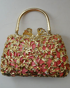 Vintage GOLD Minaudierie Bag or Purse; with Gold Casing Embellished with Diamante & Pink Fabric