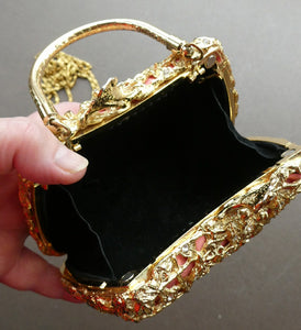 Vintage GOLD Minaudierie Bag or Purse; with Gold Casing Embellished with Diamante & Pink Fabric