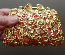 Load image into Gallery viewer, Vintage GOLD Minaudierie Bag or Purse; with Gold Casing Embellished with Diamante &amp; Pink Fabric
