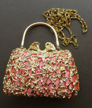 Load image into Gallery viewer, Vintage GOLD Minaudierie Bag or Purse; with Gold Casing Embellished with Diamante &amp; Pink Fabric
