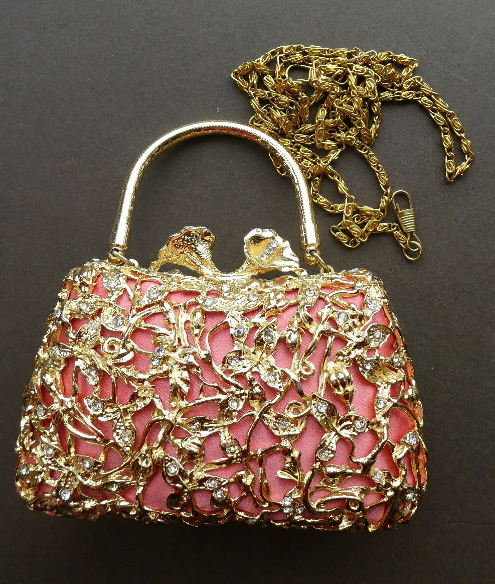 Vintage GOLD Minaudierie Bag or Purse; with Gold Casing Embellished with Diamante & Pink Fabric