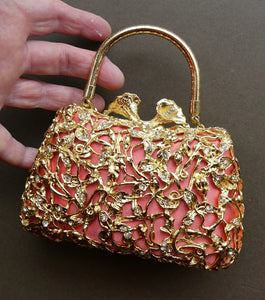 Vintage GOLD Minaudierie Bag or Purse; with Gold Casing Embellished with Diamante & Pink Fabric