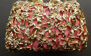 Vintage GOLD Minaudierie Bag or Purse; with Gold Casing Embellished with Diamante & Pink Fabric
