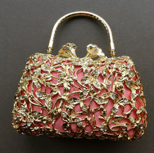 Load image into Gallery viewer, Vintage GOLD Minaudierie Bag or Purse; with Gold Casing Embellished with Diamante &amp; Pink Fabric
