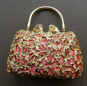 Vintage GOLD Minaudierie Bag or Purse; with Gold Casing Embellished with Diamante & Pink Fabric