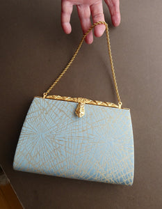 Pretty Vintage 1950s Formal Clutch Bag. Blue and Gold Atomic Fabric, Fancy Clasp and Chain