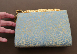 Pretty Vintage 1950s Formal Clutch Bag. Blue and Gold Atomic Fabric, Fancy Clasp and Chain