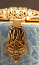 Load image into Gallery viewer, Pretty Vintage 1950s Formal Clutch Bag. Blue and Gold Atomic Fabric, Fancy Clasp and Chain
