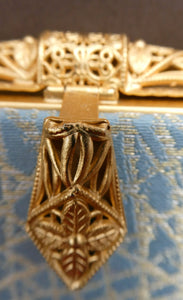 Pretty Vintage 1950s Formal Clutch Bag. Blue and Gold Atomic Fabric, Fancy Clasp and Chain