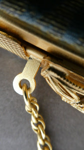 Pretty Vintage 1950s Formal Clutch Bag. Blue and Gold Atomic Fabric, Fancy Clasp and Chain