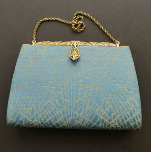 Pretty Vintage 1950s Formal Clutch Bag. Blue and Gold Atomic Fabric, Fancy Clasp and Chain