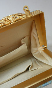 Pretty Vintage 1950s Formal Clutch Bag. Blue and Gold Atomic Fabric, Fancy Clasp and Chain