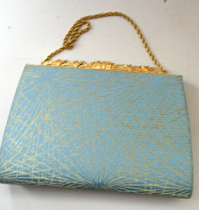 Pretty Vintage 1950s Formal Clutch Bag. Blue and Gold Atomic Fabric, Fancy Clasp and Chain